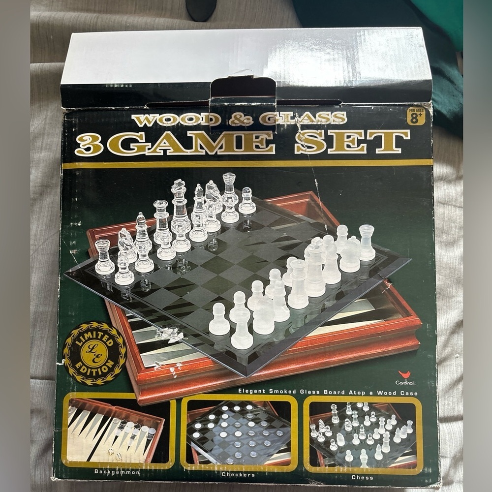 Glass and Wood 3 Game Set Chess Checkers Backgammon Complete Cardinal 2001